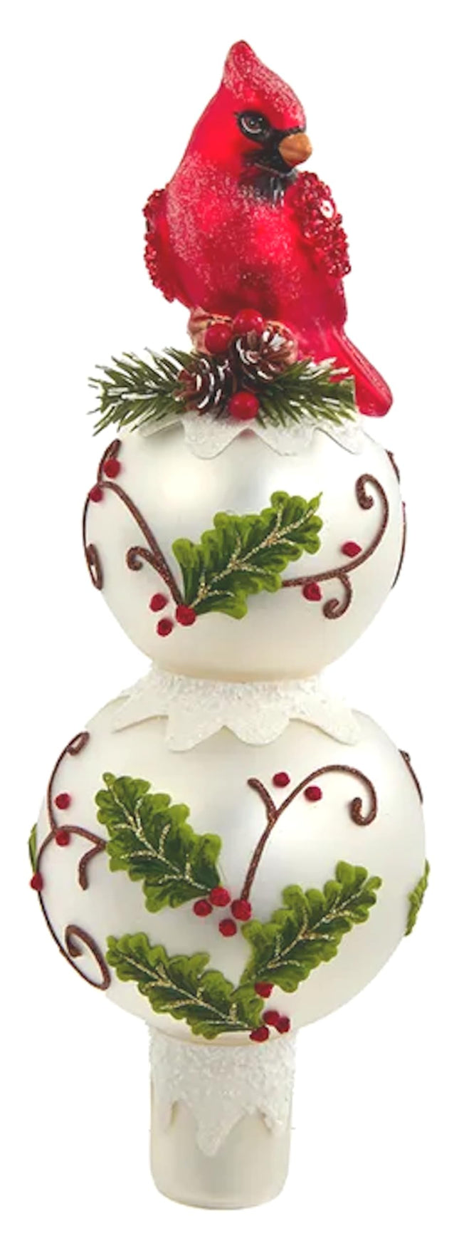 The Bridge Collection 12" Glass Holly and Cardinal Tree Topper - Red Bird Glass FInial Tree Topper - Country Christmas Decor - Vintage Style Tree Topper