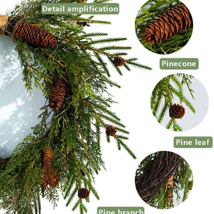 2-Pack 24in Artificial Christmas Wreaths for Front Door Green Pine Needle Pine Cone Christmas Wreath with Lights Christmas Decoration Holiday Window Wedding Decor Wreath