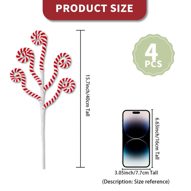 4 Pcs Red White Christmas Candy Cane Picks Curly Sprays Ornaments Cotton Peppermint Swirled Branches for Xmas Tree Topper Stems Decorations Vase Filler DIY Craft Wreath Garland Home Holiday Decor