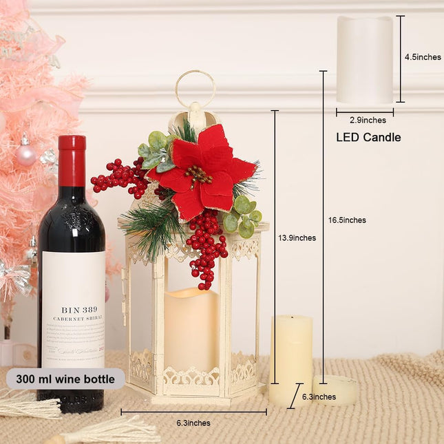 DECORKEY Christmas Decorations for Home, Decorative Christmas Lantern Indoor Outdoor Decor, Metal Hanging Candle Holder with LED Candle&Floral Accents for Table Centerpieces, Patio, Patio