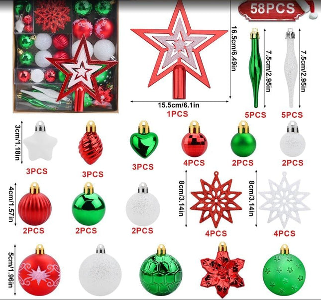 58 Pcs Christmas Tree Spherical Ornament Set, Assorted Shatterproof Hanging Tree Ornament Set with Reusable Decoration Hanging Holiday Parties and Home Decor (Red, White and Green).