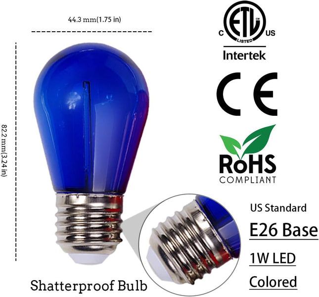 24-Pack S14 Colored LED String Light Bulbs Replacement, E26 Base 1W Plastic Shatterproof Waterproof, Christmas Light Bulb Red, Green, Yellow, Blue