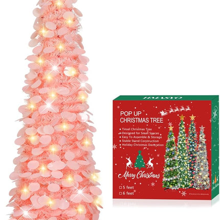 HMASYO 5 FT Pop Up Christmas Tree with Timer Lights, Pink Tinsel Christmas Tree, Collapsible Artificial Pencil Christmas Tree for Indoor Home Apartment Porch Holiday Party Decorations