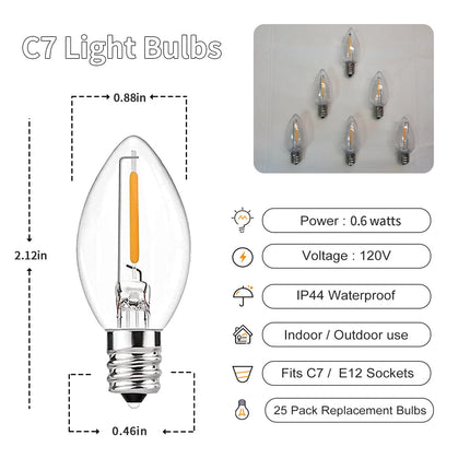 25 Pack LED Night Light Bulb, C7 Clear Replacement Bulbs, Christmas Lights Bulbs for Halloween Outdoor String Lights Decor, E12 Candelabra Base, 0.6 Watt C7 Bulbs Warm White