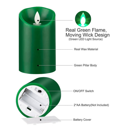 Green Flame Candles (Green LED Light Source), Remote Control/Moving Wick Design, Real Wax Flameless Christmas Green Candle, Battery Operated, Timer and Dimmable