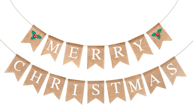 Merry Christmas Banner, No DIY Burlap Christmas Banner, White Holly Christmas Banner Garlands, Vintage Jute Christmas Banner for Indoor Mantle, Fireplace, Office Wall, Outdoor Xmas Decor