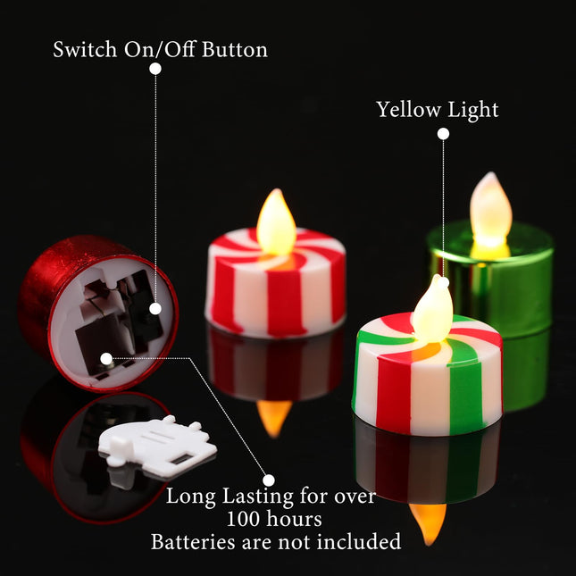 MTLEE 24 Pack Christmas Tealights Candles LED Flameless Tea Lights Candy Cane Striped Red Green Tealight Warm Yellow Tealight Votive Candles for Parties, Weddings, Birthdays and Home Decor