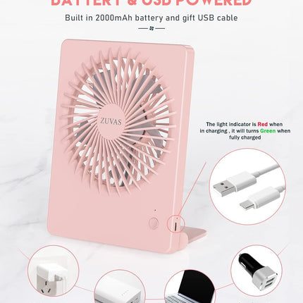 Zuvas Desk Fan Battery Operated Fan Rechargeable 180°Tilt Folding Personal Fan Ultra Quiet Small Portable Fan 3 Speed Adjustable