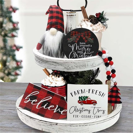 7pcs Christmas Gnome Tiered Tray Decor - Rustic Farmhouse Home Winter Kitchen Table Decorations- Wooden Bead Garlands Christmas Flocked Christmas Tree(Tray Not Included)