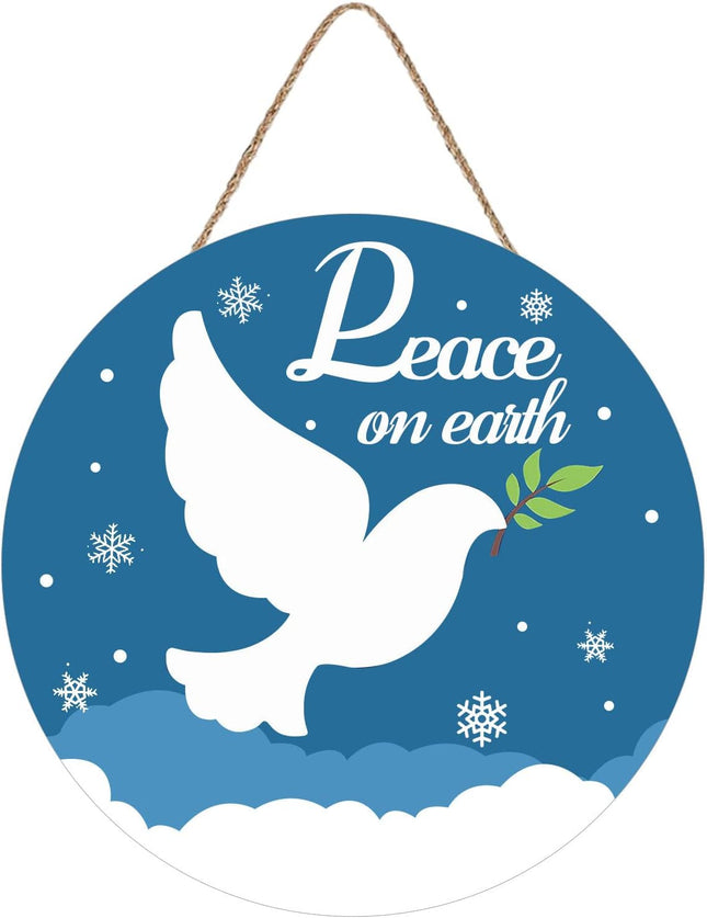 Christmas Hanging Wooden Sign Peace on Earth Door Sign Christmas Wall Decoration Blue Christmas Decoration Funny Winter Christmas Wreath Front Door Farmhouse Rustic Christmas Wooden Sign 12x12 Inch