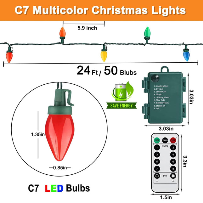 Couah C7 Christmas Lights Battery Operated 24ft,50LED C7 Christmas Lights Battery Powered LED Battery Powered Lights for Indoor Outdoor Xmas Tree Garden Patio Backyard Party Christmas Decorations