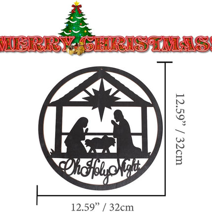 Large Christmas Oh Holy Night Wooden Sign 12.59'' x 12.59'' Cutout Rustic Farmhouse Nativity Manger Scene Photo Booth Prop Outdoor Indoor,Merry Christmas Wreath Party Supplies