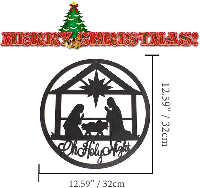 Large Christmas Oh Holy Night Wooden Sign 12.59'' x 12.59'' Cutout Rustic Farmhouse Nativity Manger Scene Photo Booth Prop Outdoor Indoor,Merry Christmas Wreath Party Supplies