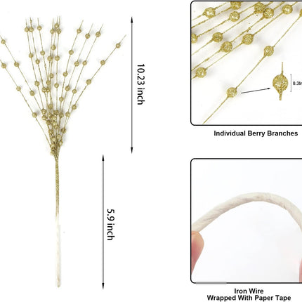 CCINEE Gold Artificial Glitter Berry Stem Ornaments, 10 pack 19.7 inches Fake Christmas Picks Decorative Glitter Bead Sticks for Christmas Tree DIY Wreath Crafts Vase Fireplace Holiday Home Decor