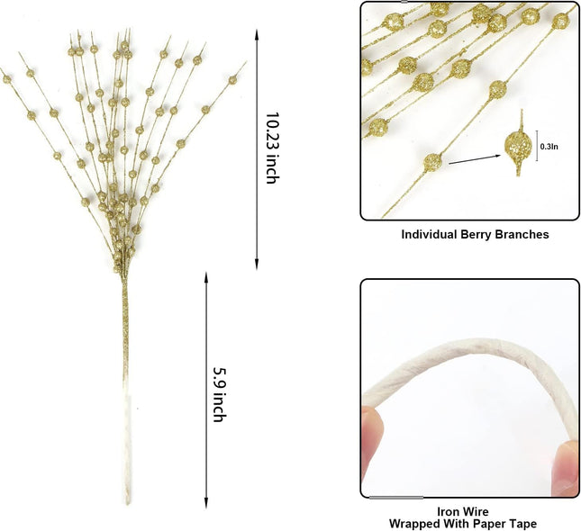 CCINEE Gold Artificial Glitter Berry Stem Ornaments, 10 pack 19.7 inches Fake Christmas Picks Decorative Glitter Bead Sticks for Christmas Tree DIY Wreath Crafts Vase Fireplace Holiday Home Decor