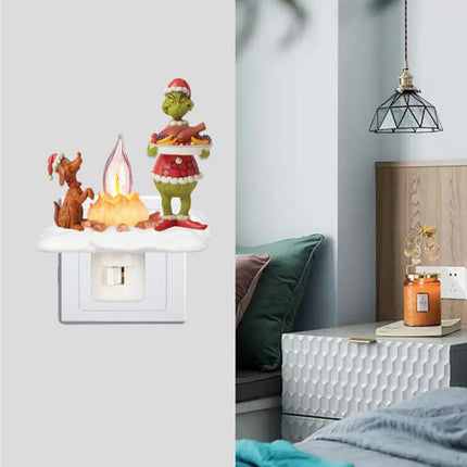 Grinnch Christmas Decorations, Ghost Campfire Flickering Nightlight Grinnch Holding Food Ornaments, Christmas Night Lights Plug into Wall Decorations for Wall Party Bedroom Living Room Hallway