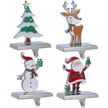 Baseo Stocking Holders Set of 4 Metal Christmas Stocking Hangers for Fireplace-Xmas Deer Snowman Tree Santa Stocking Holder for Mantel-Mantel Hooks/Clips for Stocking Fireplace Topper