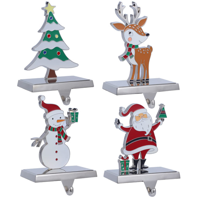 Baseo Stocking Holders Set of 4 Metal Christmas Stocking Hangers for Fireplace-Xmas Deer Snowman Tree Santa Stocking Holder for Mantel-Mantel Hooks/Clips for Stocking Fireplace Topper