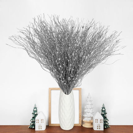 SUPREME XMAS 30 Pack Artificial Glitter Berry Stem Ornaments, Silver Christmas Twigs Branches Picks Ornaments Set for Xmas Tree Decorations Wreath Vases Fireplace Holiday Wedding Party Home Decor