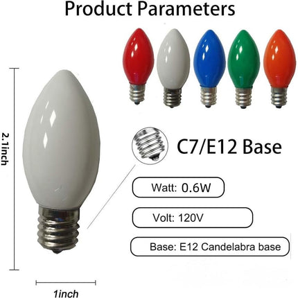 25 Pack Multicolor C7 Led Christmas Light Bulbs, C7 Replacement Bulbs for Christmas Outdoor String Lights, E12 Base LED Bulbs, 0.6W Ceramic Led Night Light Bulb, 2700K Warm White -Multicolor