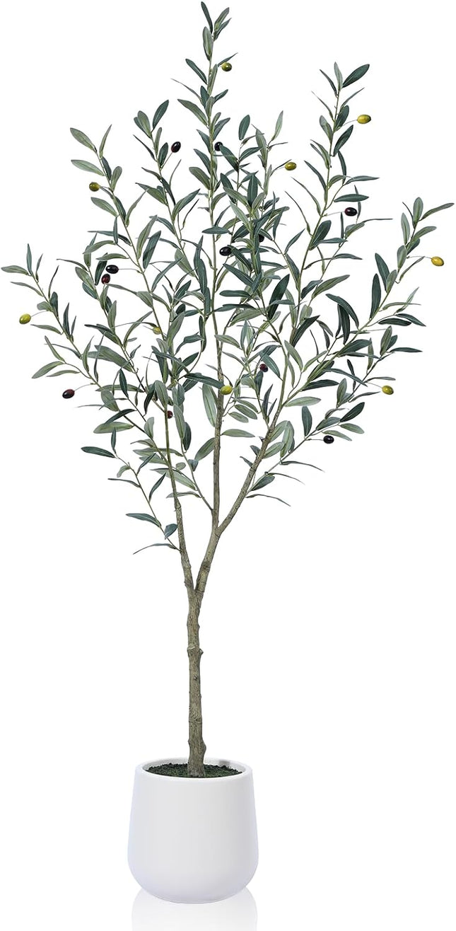 Artificial Olive Tree,6ft Tall Faux Olive Trees with White Planter,Large Fake Olive Plant with Natural Wood Trunk/Realistic Leaves Fruits for Home Office Decor Indoor and Housewarming