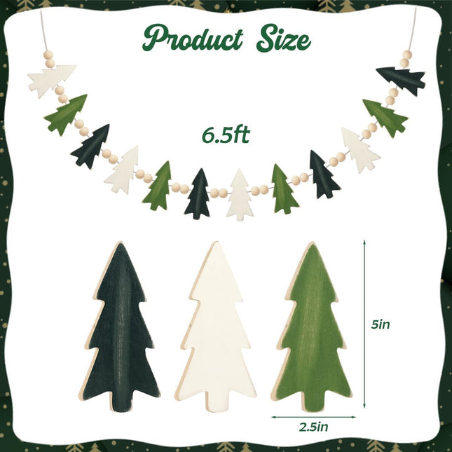 Garland Christmas Decorations Indoor Outdoor: 6.5ft Farmhouse Xmas Tree Wooden Beads Christmas Decor, Cute Rustic Pine Hanging Ornaments Banner for Mantel Fireplace Home Room Wall Window Door Kid