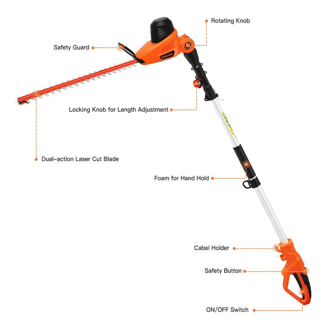 GARCARE Electric Corded Hedge Trimmer with Extension Pole 20 Inch Dual-Action Laser Blade Bush Trimmer 600W, 4.8Amp Garden Trimmers