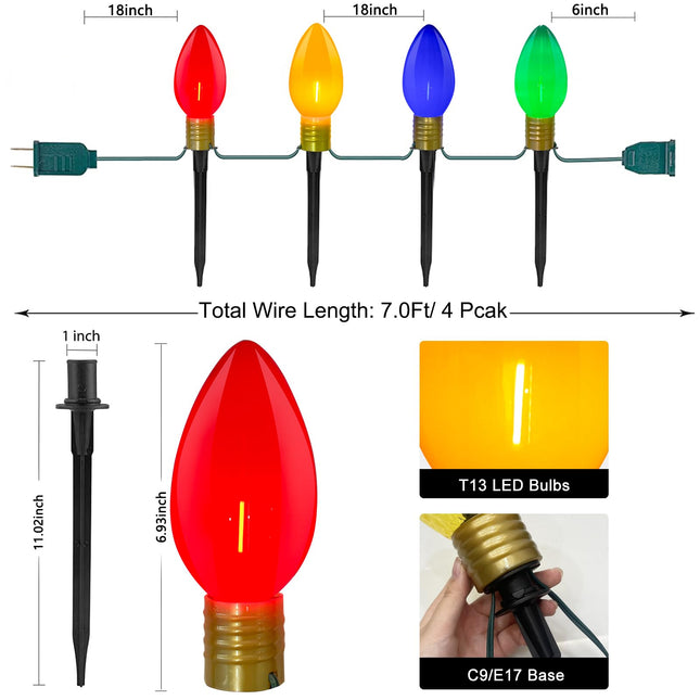 SUNSGNE C9 Christmas Pathway Lights, 7Ft Outdoor Christmas Pathway Stake Lights with 4 Jumbo C9 Multicolor LED Bulbs, Connectable Outdoor Marker Lights for Xmas Walkway Driveway Lawn Decor