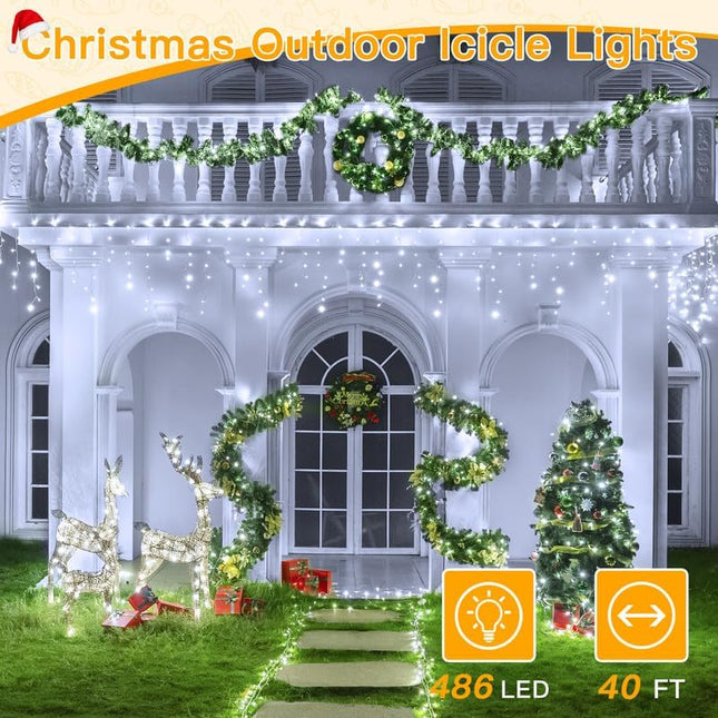 Ollny Icicle Lights for Outside 486LED 40FT, Cool White Christmas Light with Remote 8Modes Timers Waterproof, Plug in Connectable Hanging Lights for Outdoor Indoor House Roof Holiday