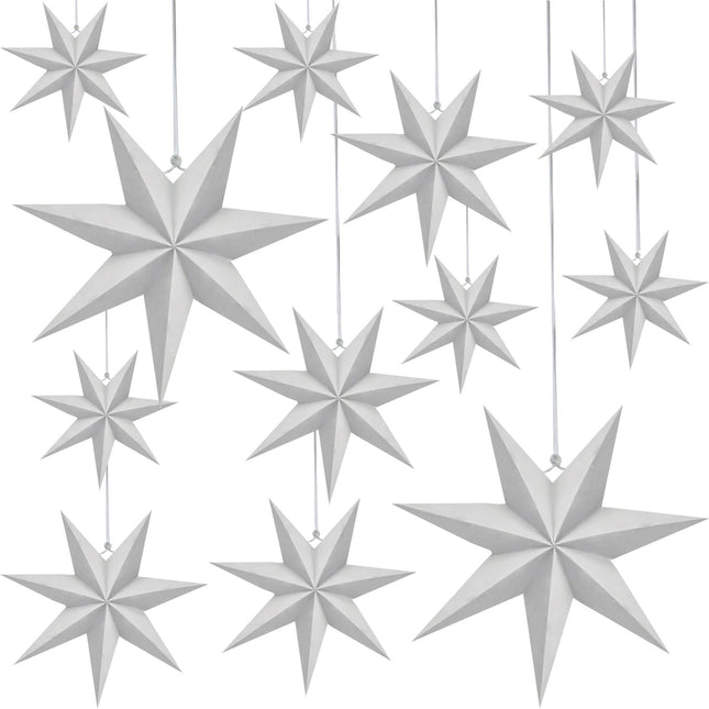 12 Pack 3D Large Paper Star White Hanging Paper Star Lanterns Lampshade for Christmas Wedding Birthday Holiday Party Home Decor