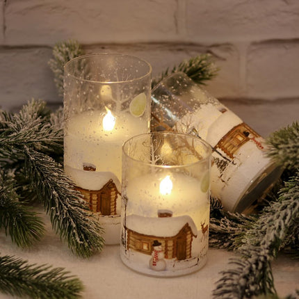 DRomance Snowman Glass Flameless Candles Battery Operated with Remote and Timer Real Wax LED Flickering Pillar Candles White Cold Light Window Christmas Holiday Decor D3 x 4",5",6"