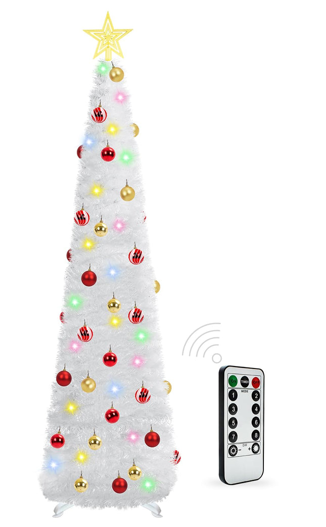 5 Ft Prelit Tinsel Pop Up Christmas Tree with 8 Light Adjustment Modes 50 Remote Color Lights Battery Operated, Pencil Artificial Slim Tree Xmas Decoration Home Party Indoor Outdoor