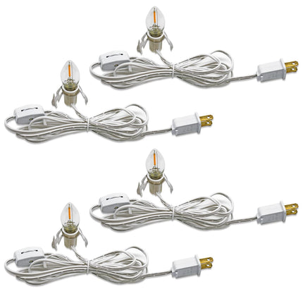 KGC C7 Accessory Cord with 4 C7 Led Light Bulb Candelabra-Base E12 Socket,White Cord with On/Off Switch Plugs for Holiday Decorations, Christmas Village House, Pumpkin Lights 4 Pack
