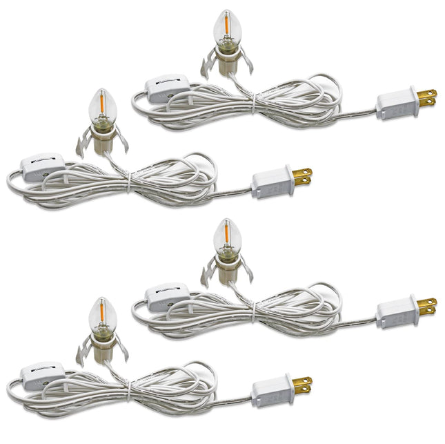 KGC C7 Accessory Cord with 4 C7 Led Light Bulb Candelabra-Base E12 Socket,White Cord with On/Off Switch Plugs for Holiday Decorations, Christmas Village House, Pumpkin Lights 4 Pack