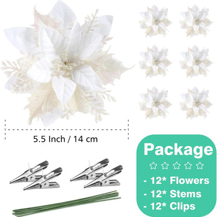 Christmas Poinsettia Artificial Flowers Decorations 5.5" Christmas Tree Wreaths Garland Decoration 12 Pcs Glitter Flowers Picks Decor for Xmas Year Wedding Party Ornaments (White)