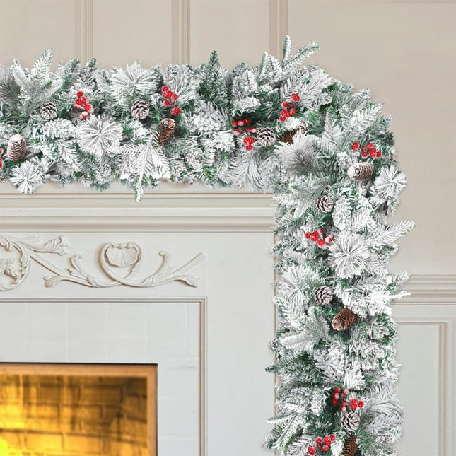 9FT Christmas Garland Decoration, Battery Operated Lighted Prelit Garland with Timers Pine Cones Berries Lush Branches, Snowy Xmas Garland for Mantle, Stairs, Fireplace, Outdoor, Party, Home Decor