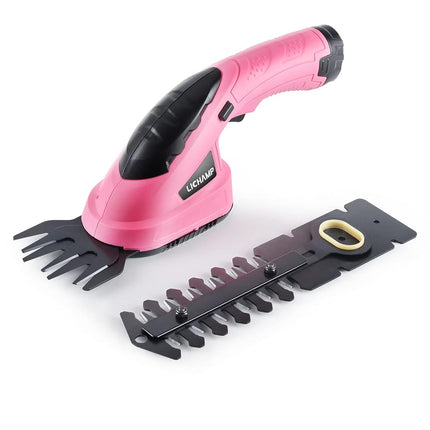 Lichamp 2-in-1 Electric Hand Held Grass Shear Pink Hedge Trimmer Shrubbery Clipper Cordless Battery Powered Rechargeable for Garden and Lawn, CGS3601PK Pink