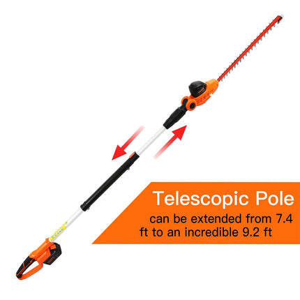 GARCARE Cordless Pole Hedge Trimmer Telescopic Long Reach Hedge Clippers 20V 4.0Ah Li-ion Battery Electric Bush Trimmer 18" Cutting Blade, 16mm Cutting Space with Extension Pole