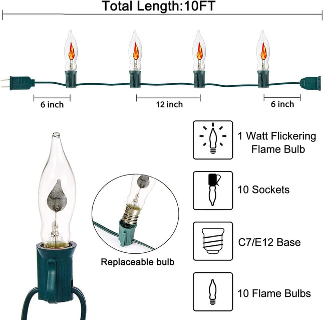 10Ft Christmas Flicker Flame String Lights Outdoor, C18 Vintage Christmas Lights with 10 Flickering Lights, Outdoor Christmas Decorations Lights UL Listed for Indoor House Christmas Party-Green