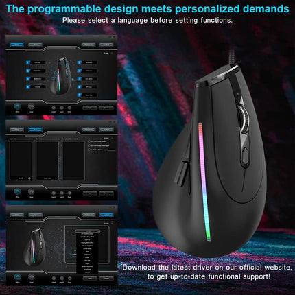 AFUNTA 12800 DPI RGB Gaming Mouse, Ergonomic Mouse Optical Wired Vertical Mouse with 9 Programmable Buttons, for Gamer PC Laptop(T50)