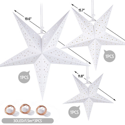 HOUÍSM Paper Star Lantern with 3PCS Fairy String Lights(30LED/1.5M), 3PCS White Star Moon Cut-Out Paper Star Lantern with 3 Sizes- 30/40/50cm for Indoor Outdoor Room Wedding Christmas Party Decor
