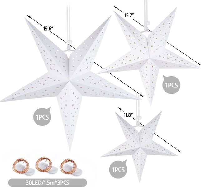 HOUÍSM Paper Star Lantern with 3PCS Fairy String Lights(30LED/1.5M), 3PCS White Star Moon Cut-Out Paper Star Lantern with 3 Sizes- 30/40/50cm for Indoor Outdoor Room Wedding Christmas Party Decor