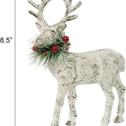 iPEGTOP 4Pcs Christmas Reindeers Deer Figurine Decor, 8.5" White Rustic Winter Deer with Pine Branch Wreath Red Berries Collar, Christmas Elk Tabletop Standing Statues Decorations