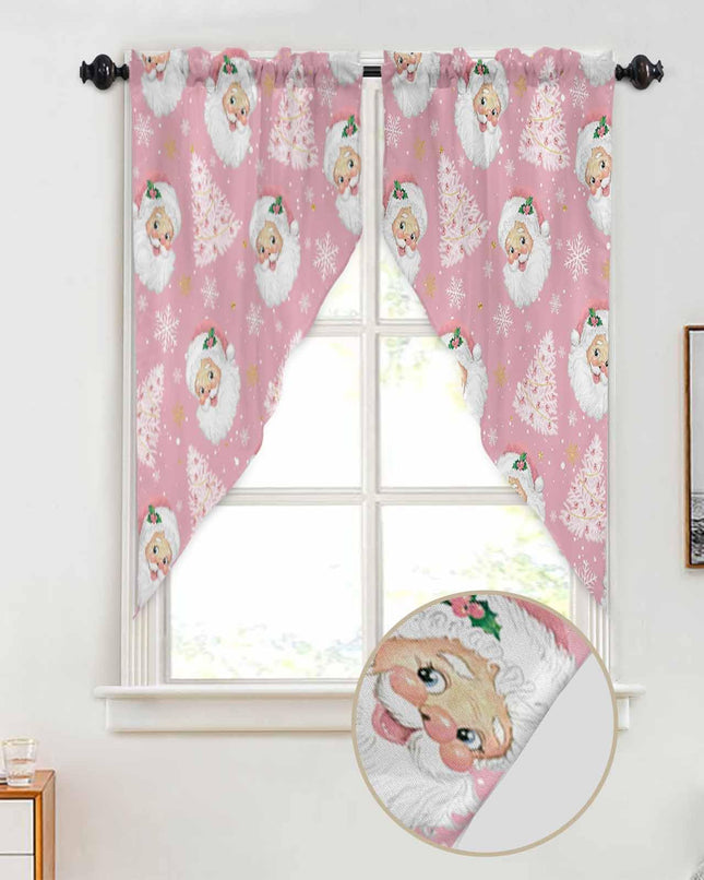 Christmas Swag Curtains,Pink Santa Claus Kitchen Valances Rod Pocket Curtain Tier Pair Swag Topper,Xmas Tree Snowflake 2 Panels Window Treatment for Bathroom Living Room