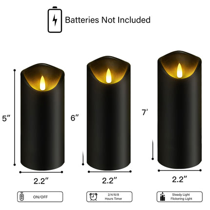 Flickering Flameless Candles, Battery Operated Acrylic LED Pillar Candles with Remote Control and Timer, Set of 9 (Black)