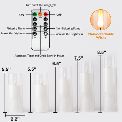Amagic Pure White Flameless Candles, Battery Operated Candles, Acrylic Flickering LED Pillar Candles with Remote Control and Timer, 3D Wick, Yellow and Blue Glow, D2.2 xH5 5" 6" 7" 8", Set of 5