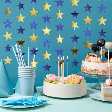 Star Garland, Star Garland Banner, 5PCS 66 Feet Double Side Star Hanging Bunting Banner Backdrop Little Star Paper Hanging Decor for Birthday Wedding Baby Shower Christmas Party Decorations, Blue Gold