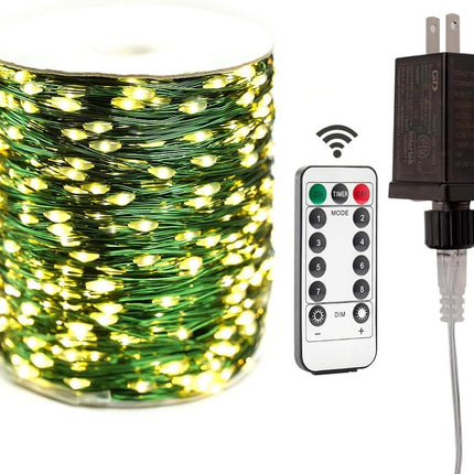 Green Wire Fairy Lights Plug in 100FT High Bright 300 LED Waterproof LED String Lights with Remote Warm White for Christmas Tree, Patio, Garden, Backyard