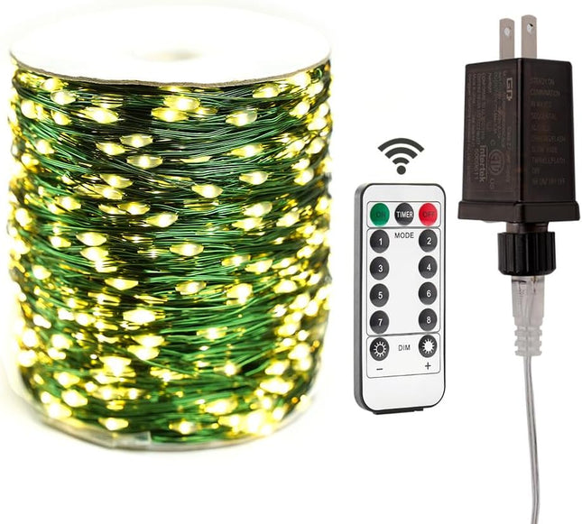 Green Wire Fairy Lights Plug in 100FT High Bright 300 LED Waterproof LED String Lights with Remote Warm White for Christmas Tree, Patio, Garden, Backyard