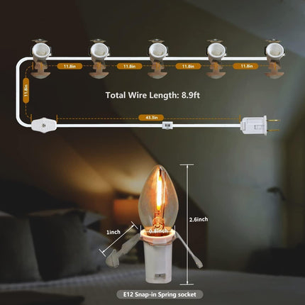 KGC Accessory Cord with 5 LED Light Bulb 9 Feet C7 Cord Clip Lights with Double Spare Fuse, Blow Mold Christmas Halloween String Lights Decoration for Xmas Village House, Pumpkin Crafts Holiday Decor